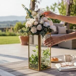 Light Up Brass Glass Ivy Lantern Centerpiece w Floral Topper, Wedding Decor